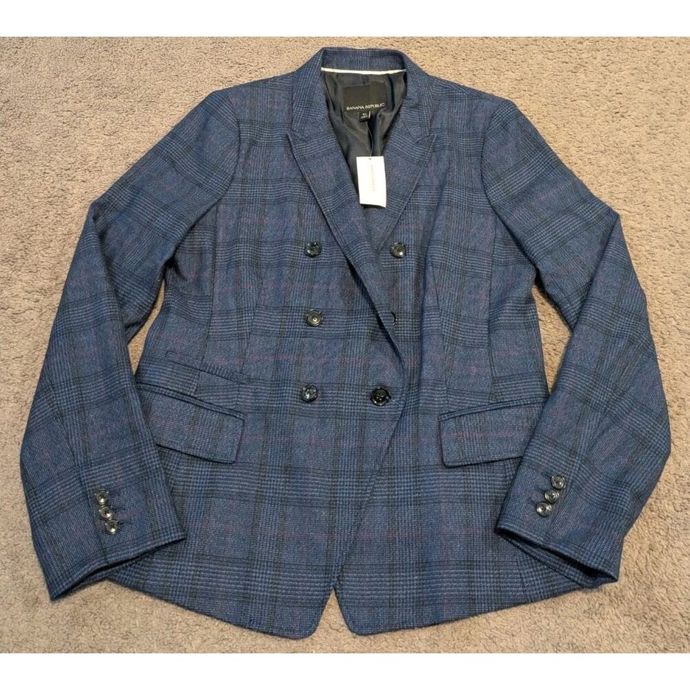 BANANA REPUBLIC Blue Plaid Double Breasted Wool Blend Blazer 874119 Women's 10